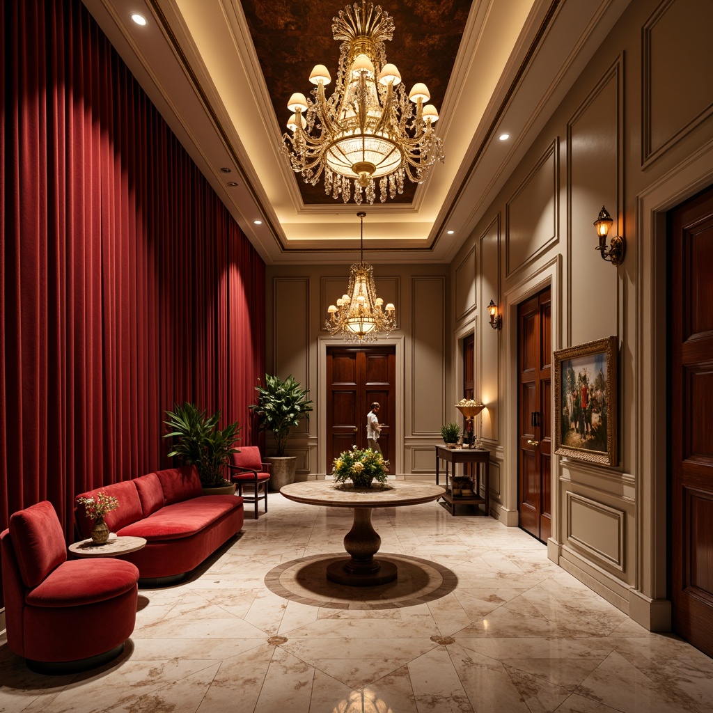 Prompt: Rich velvet curtains, luxurious golden accents, ornate chandeliers, plush red seats, dramatic spotlights, opulent marble floors, grand staircases, intricate molding details, warm beige walls, soft warm lighting, shallow depth of field, 3/4 composition, realistic textures, ambient occlusion.