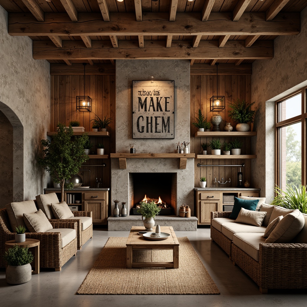 Prompt: Distressed wood accents, vintage metal signs, natural stone fireplaces, woven wicker furniture, earthy color palette, exposed wooden beams, rustic lanterns, farmhouse sinks, brick backsplashes, reclaimed wood shelves, galvanized metal decor, potted greenery, soft warm lighting, shallow depth of field, 3/4 composition, realistic textures, ambient occlusion.