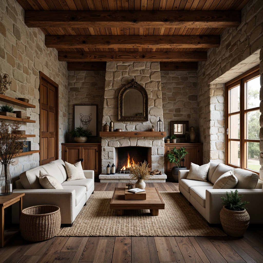 Prompt: Rustic farmhouse, natural stone walls, wooden accents, distressed textures, vintage metal decorations, earthy color palette, cozy living room, plush furnishings, woven baskets, antique furniture, soft warm lighting, shallow depth of field, 1/1 composition, realistic wood grain, ambient occlusion.