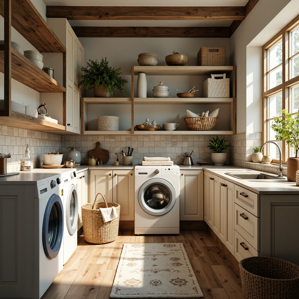 Prompt: Vintage laundry room, distressed wood cabinets, soft creamy whites, warm beige tones, rich navy blues, rusty metal accents, woven wicker baskets, natural linen fabrics, elegant lace details, subtle floral patterns, warm golden lighting, shallow depth of field, 1/1 composition, realistic textures, ambient occlusion.