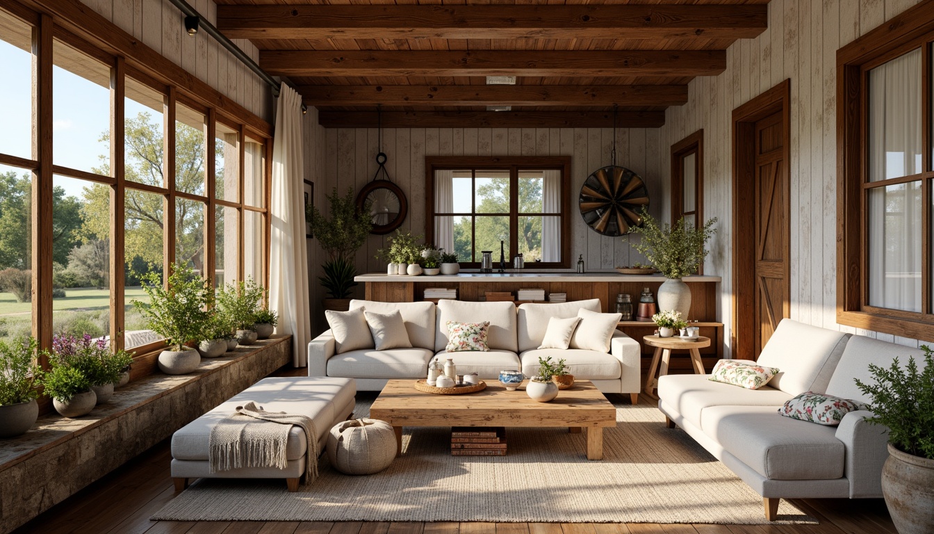 Prompt: Rustic farmhouse, shiplap walls, weathered wood accents, vintage metal decorations, natural stone foundations, earthy color palette, cozy living spaces, plush furnishings, warm candlelight, soft textures, distressed wooden beams, country-inspired decor, floral patterns, botanical prints, nature-inspired accessories, sunny afternoon, gentle breeze, peaceful ambiance, 1/1 composition, shallow depth of field, realistic wood grain textures.