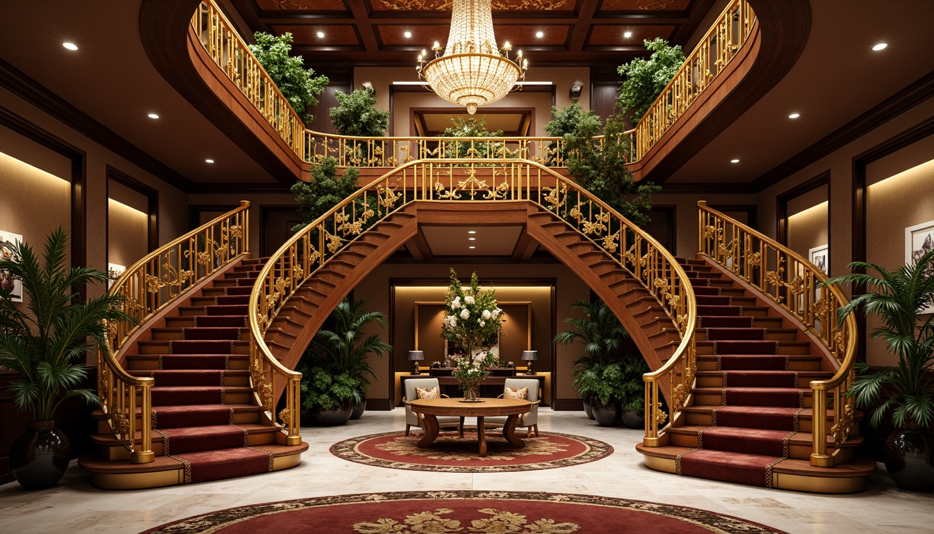 Prompt: \Intricate Art Nouveau staircase, ornate railings, flowing organic lines, sinuous curves, botanical motifs, golden accents, luxurious velvet upholstery, rich wood tones, polished marble floors, grand chandelier, soft warm lighting, shallow depth of field, 3/4 composition, realistic textures, ambient occlusion.\