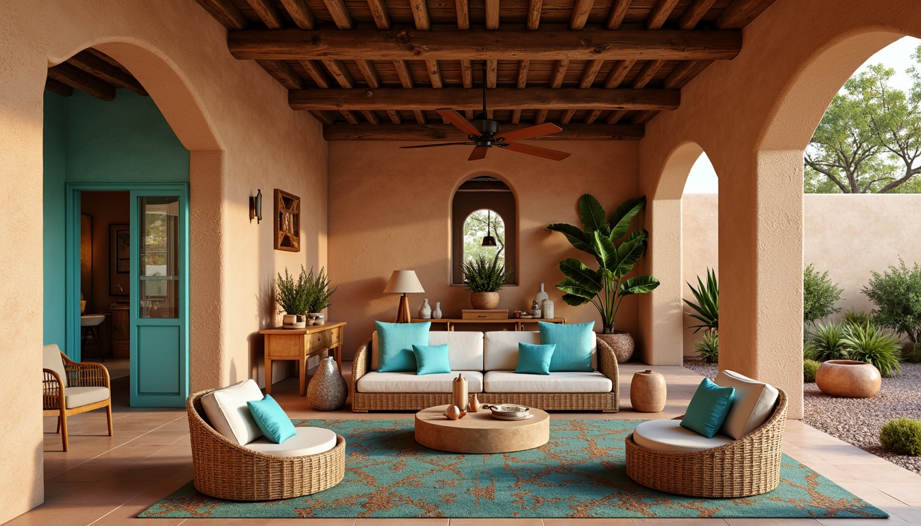 Prompt: Earth-toned adobe walls, rough-hewn stone textures, rustic wooden accents, vibrant turquoise hues, geometric patterned rugs, woven wicker furniture, natural fiber upholstery, desert botanicals, potted cacti, warm golden lighting, soft shadowing, 1/2 composition, intimate atmosphere, ambient occlusion, realistic materials.