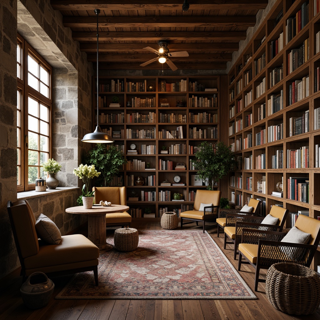 Prompt: Rustic library, wooden bookshelves, worn leather-bound books, vintage metal lamps, distressed stone walls, reclaimed wood flooring, earthy color palette, natural textiles, woven baskets, potted greenery, warm candlelight, cozy reading nooks, ornate wooden furniture, classic literature, comfortable seating areas, rich wood tones, subtle grain patterns, realistic normal maps, warm ambient lighting, shallow depth of field, 1/2 composition, inviting atmosphere.