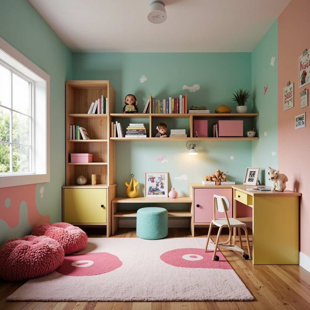 Prompt: Vibrant kids' bedroom, modern furniture pieces, colorful storage units, plush area rugs, whimsical wall decals, soft pastel hues, minimalist desks, ergonomic chairs, fun-shaped shelving, cozy reading nooks, textured bean bags, natural wood accents, playful lighting fixtures, softbox lights, 3/4 composition, shallow depth of field, warm and inviting atmosphere.