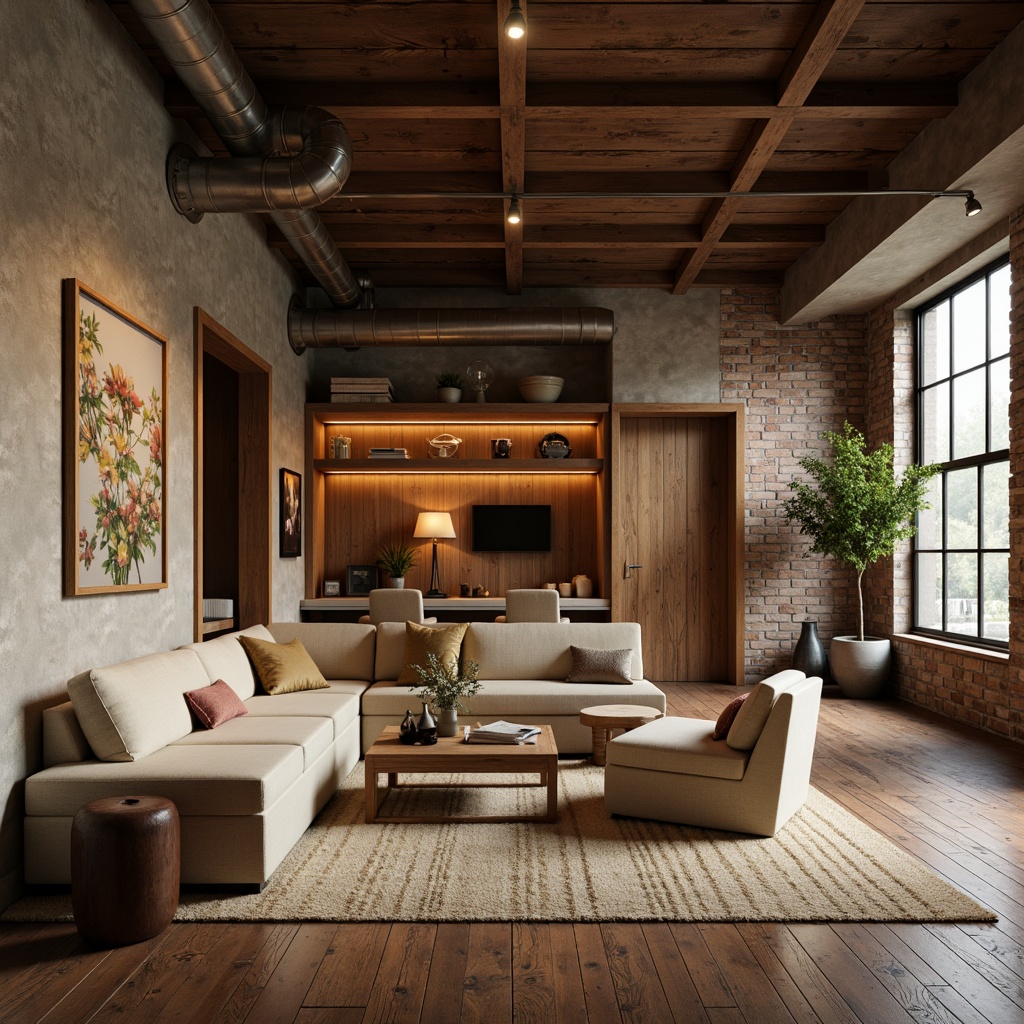 Prompt: Earth-toned loft interior, warm beige walls, rich walnut wood accents, soft cream-colored furniture, vintage industrial metal fixtures, distressed brick textures, reclaimed wooden floors, cozy atmospheric lighting, subtle shadows, 1/2 composition, realistic rendering, ambient occlusion, moody color palette, nostalgic vibe, classic architectural details.