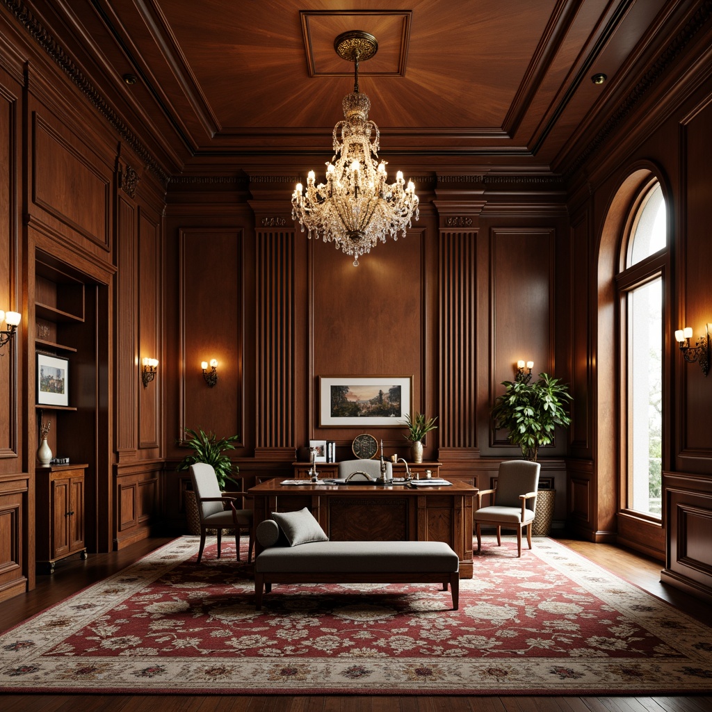 Prompt: Elegant office space, rich wood tones, ornate furnishings, classic architectural details, grand chandeliers, crystal drops, bronze finishes, intricately patterned rugs, luxurious fabrics, subtle warm lighting, softbox illumination, 3/4 composition, symmetrical layout, realistic textures, ambient occlusion.