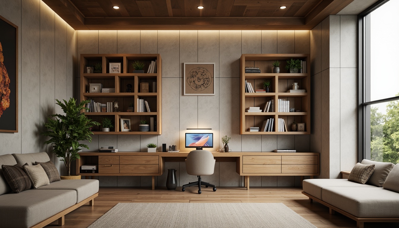 Prompt: Modern minimalist home office, compact shelving units, wall-mounted storage, wooden accents, sleek metal frames, adjustable shelves, hidden compartments, ergonomic workstations, task lighting, natural materials, earthy color palette, warm ambiance, softbox lighting, shallow depth of field, 1/1 composition, realistic textures.