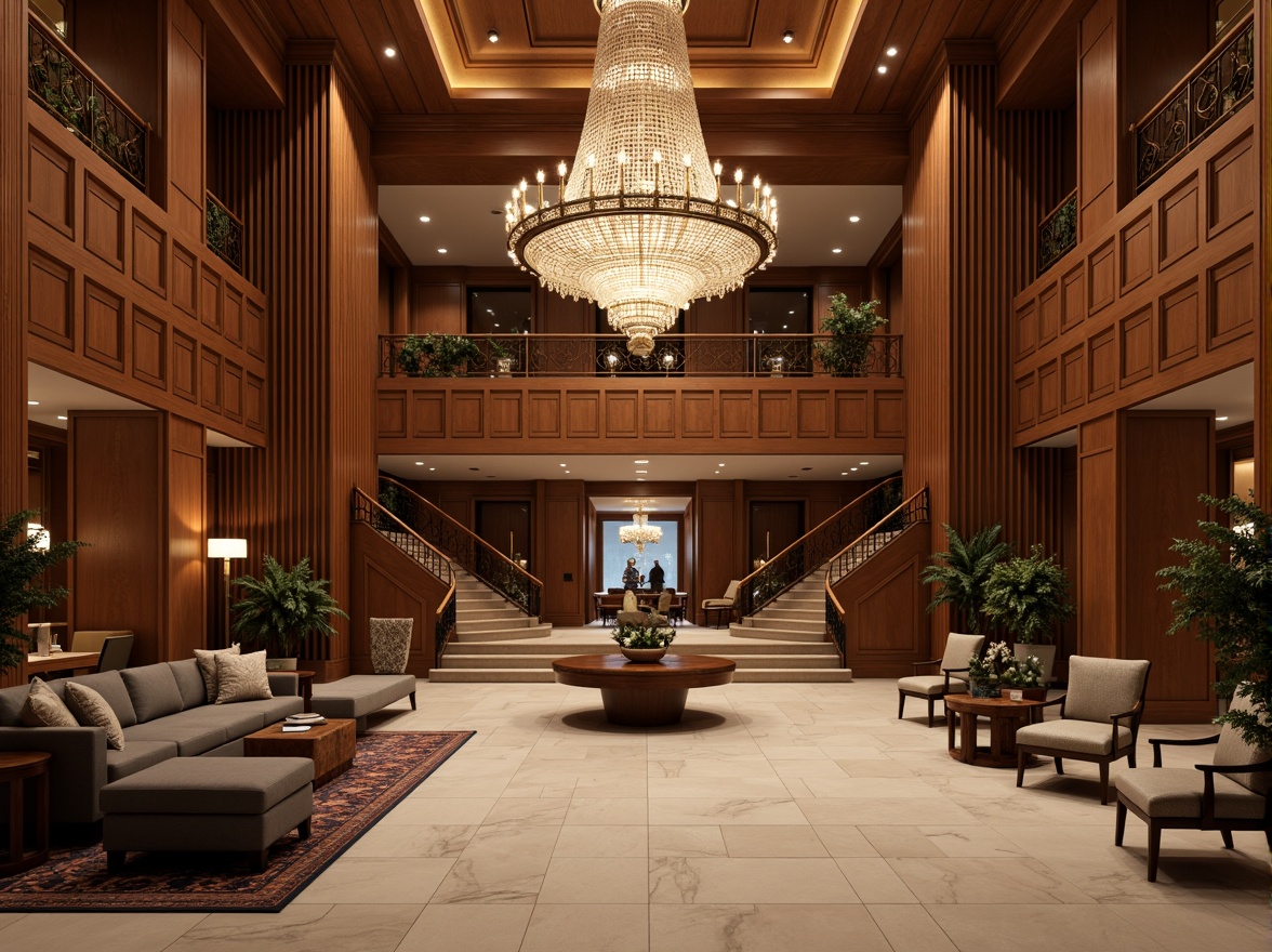 Prompt: Elegant executive office, rich wood paneling, luxurious furnishings, ornate chandeliers, grand staircase, spacious reception area, symmetrical layout, harmonious color palette, refined architectural details, neoclassical columns, carved wooden doors, polished marble floors, subtle ambient lighting, soft warm tones, 1/1 composition, shallow depth of field, realistic textures, ambient occlusion.