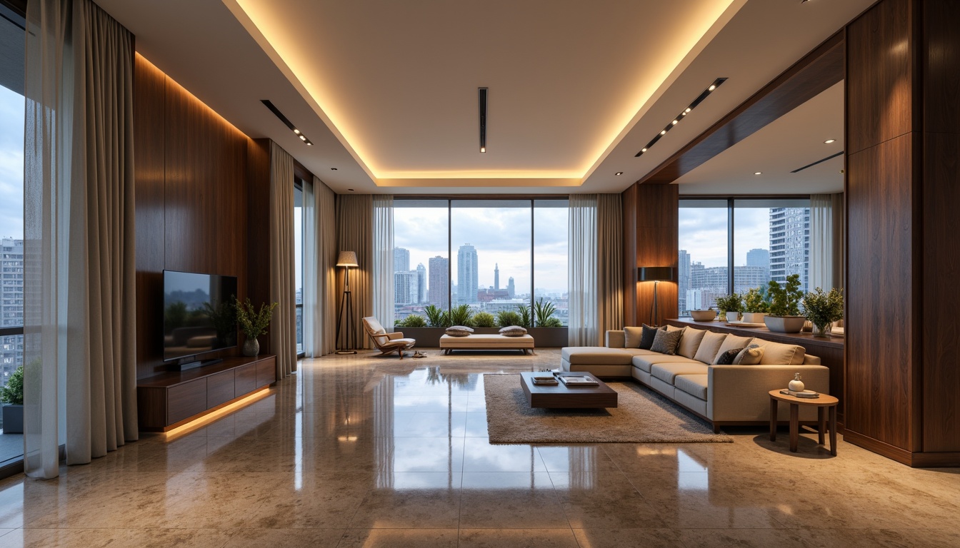 Prompt: Modern living room, sleek furniture, polished marble floors, floor-to-ceiling windows, minimalist decor, warm ambient lighting, soft glowing lamps, recessed ceiling lights, LED strip lights, natural daylight, sheer curtains, urban cityscape views, 1/1 composition, shallow depth of field, realistic textures, subtle color grading.