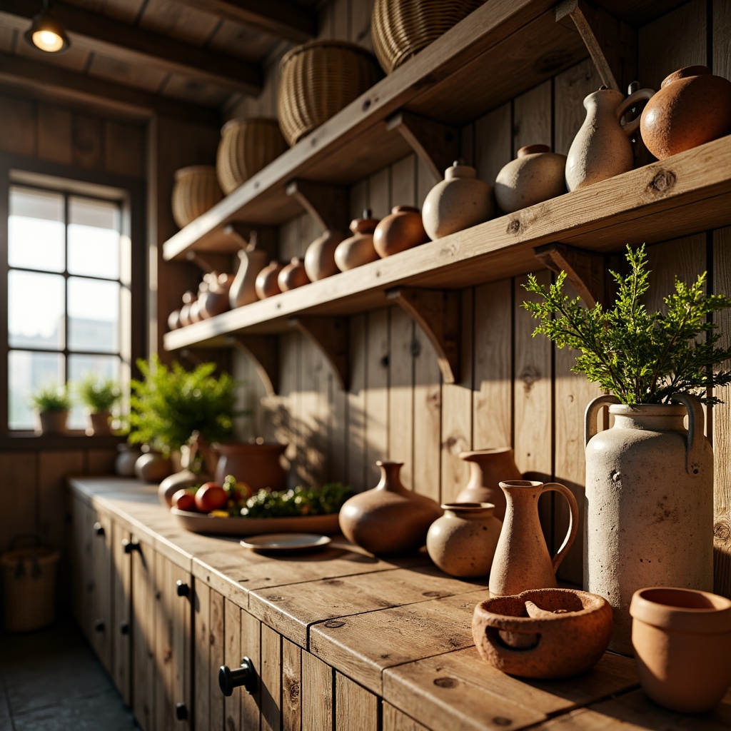 Prompt: Warm kitchen ambiance, open shelving, rustic wooden planks, vintage ceramic vases, woven baskets, distressed metal brackets, earthy terracotta pots, lush greenery, soft warm lighting, shallow depth of field, 3/4 composition, realistic textures, ambient occlusion.