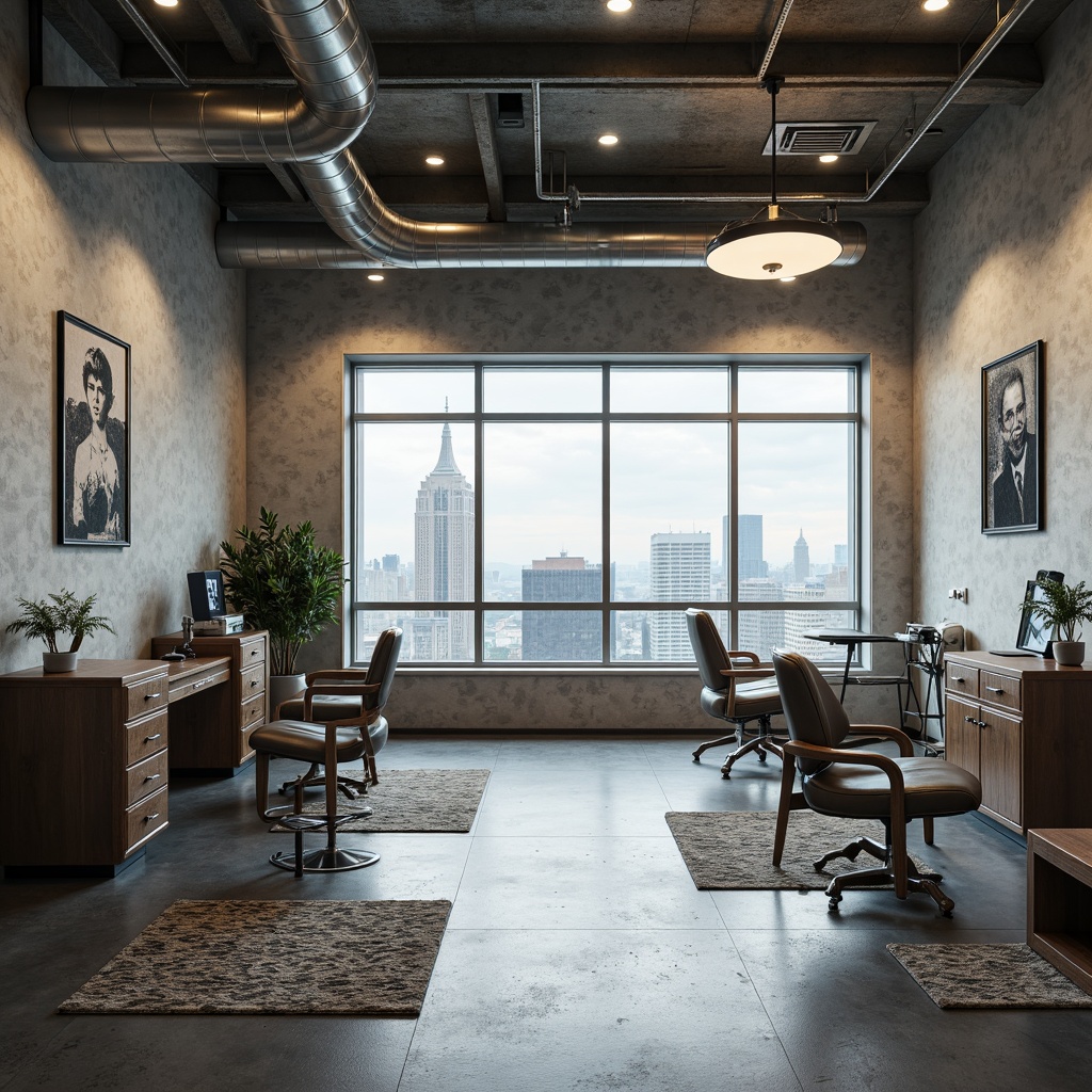 Prompt: Brutalist dental clinic interior, concrete floors, industrial metal chairs, minimalist wooden desks, geometric-patterned rugs, cold-toned color scheme, exposed ductwork, industrial-style lighting fixtures, stainless steel equipment, brutalist-inspired artwork, urban cityscape views, cloudy day, soft diffused lighting, shallow depth of field, 1/2 composition, realistic textures, ambient occlusion.