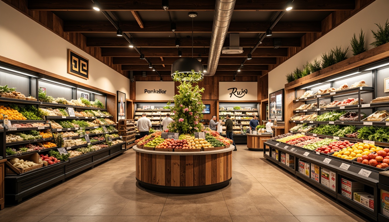 Prompt: Vibrant grocery store, warm earthy tones, natural wood accents, fresh produce stands, colorful fruits and vegetables, rustic metal shelves, modern LED lighting, soft cream walls, rich brown floors, inviting signage, lively atmosphere, shallow depth of field, 1/2 composition, realistic textures, ambient occlusion.