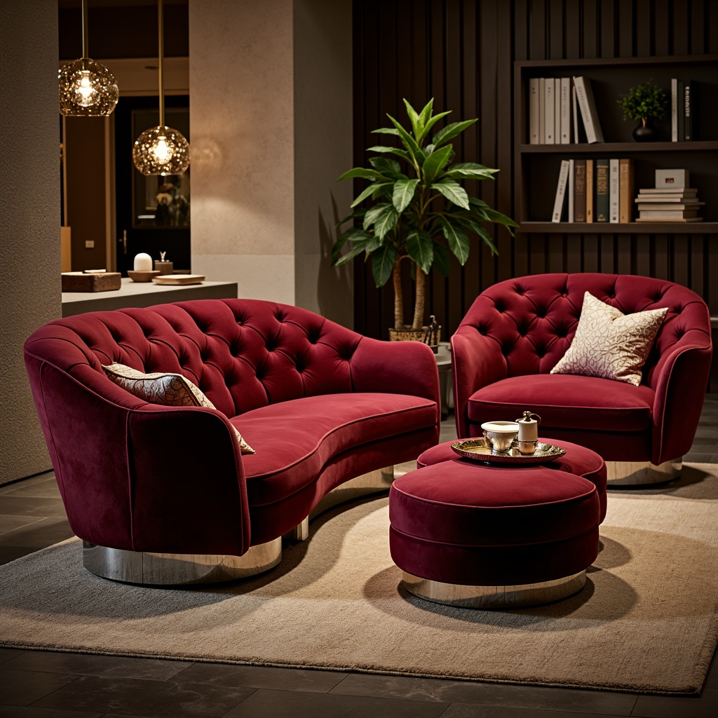 Prompt: Curved sofas, velvet upholstery, metallic accents, polished chrome legs, tufted headrests, low-profile armchairs, sleek ottomans, geometric patterns, bold color blocking, luxurious fabrics, Art Deco influences, retro-futuristic vibes, 1950s-inspired shapes, high-gloss finishes, subtle sheen, atmospheric lighting, shallow depth of field, 2/3 composition, cinematic angles, dramatic shadows, rich textures, ambient occlusion.