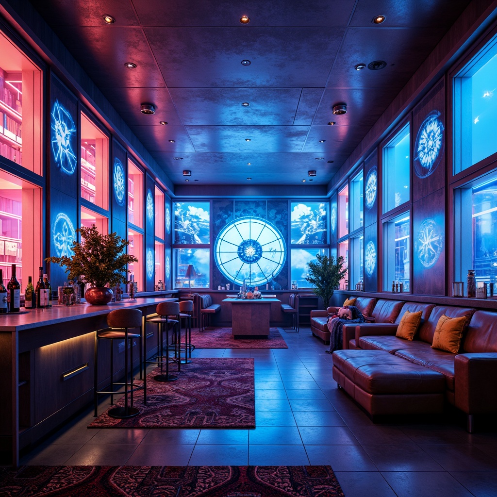 Prompt: Futuristic home bar, neon-lit LED walls, holographic projections, metallic accents, sleek glass shelves, minimalist countertops, futuristic lighting fixtures, ambient glow, dark wood tones, polished chrome hardware, geometric patterned rugs, avant-garde artwork, 3D-printed decorative panels, cyberpunk-inspired decor, atmospheric misting system, soft blue-purple ambient lighting, shallow depth of field, panoramic view, realistic reflective surfaces.