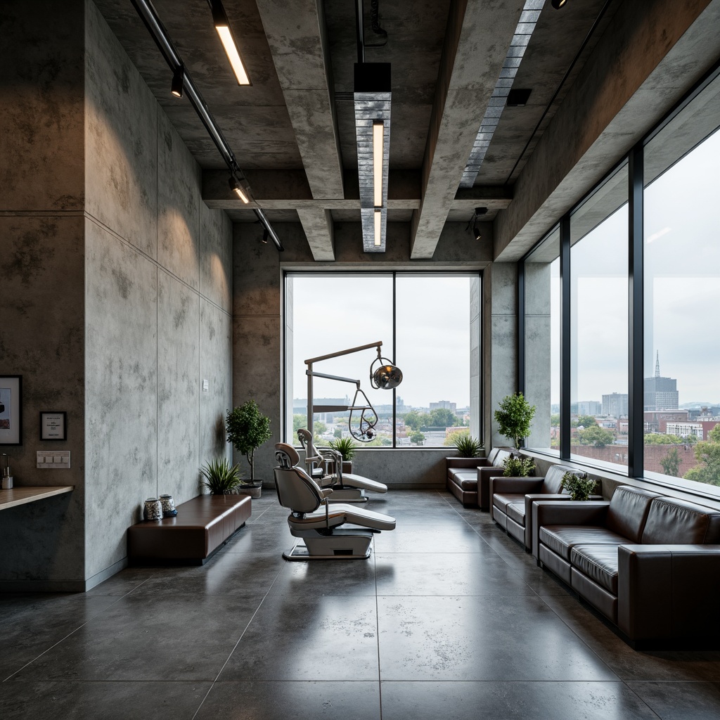 Prompt: Exposed concrete walls, raw metal beams, industrial-style lighting fixtures, polished chrome dental equipment, minimalist waiting areas, cold-toned leather upholstery, brutalist-inspired architectural details, urban cityscape views, overcast cloudy day, high-contrast dramatic shadows, shallow depth of field, 2/3 composition, cinematic framing, realistic metallic textures, ambient occlusion.