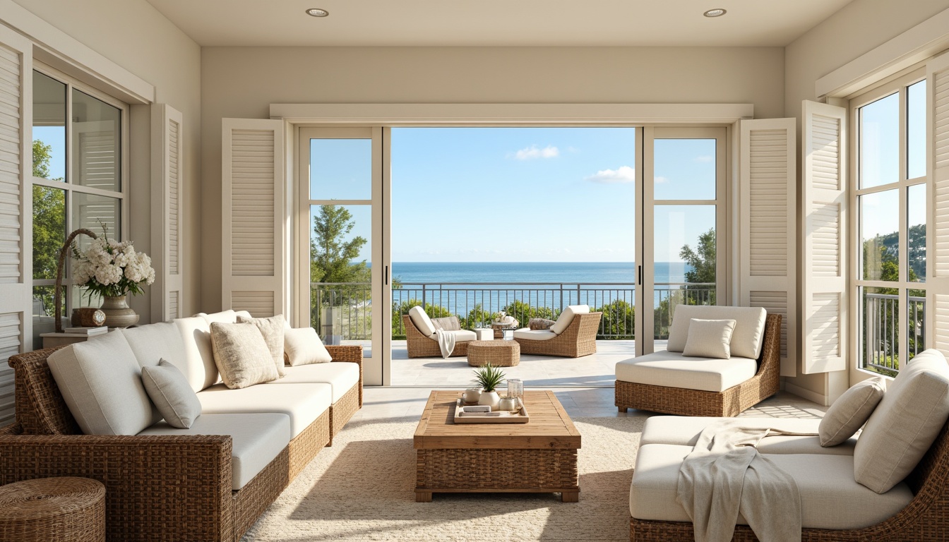 Prompt: Soft creamy walls, beachy wood accents, natural textures, woven rattan furniture, ocean-inspired color palette, calming blue hues, crisp white shutters, large windows, sliding glass doors, coastal scenery views, sunny day, gentle sea breeze, warm soft lighting, shallow depth of field, 3/4 composition, panoramic view, realistic textures, ambient occlusion.