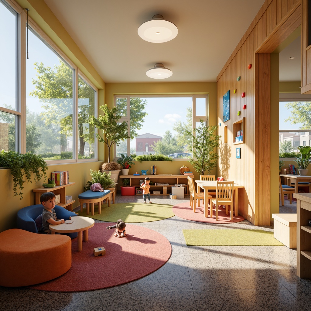 Prompt: Vibrant kindergarten interior, soft warm lighting, natural daylight, large windows, colorful furniture, educational decorations, play-based learning areas, cozy reading nooks, textured carpets, child-friendly fixtures, gentle ceiling lights, diffused overhead lighting, 1/1 composition, realistic textures, ambient occlusion.