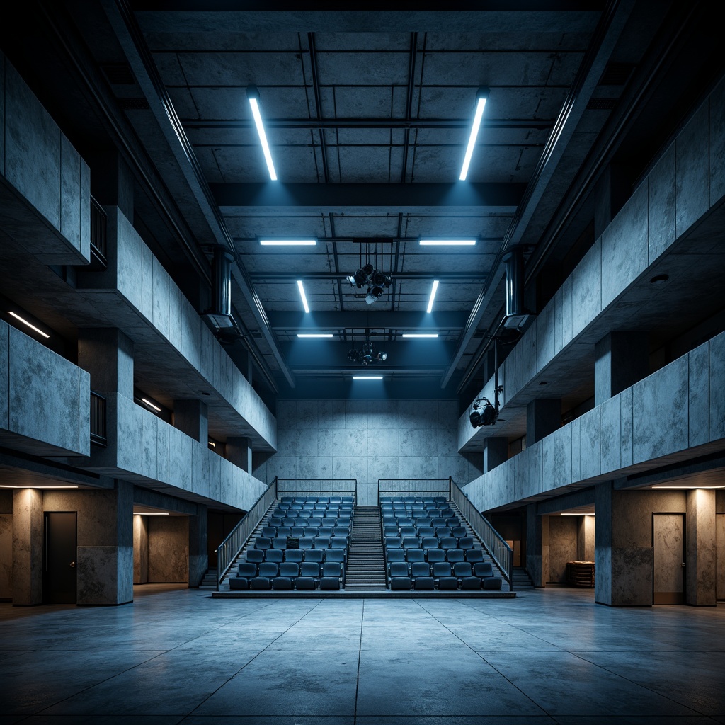 Prompt: Harsh concrete auditorium, exposed ductwork, industrial metal beams, raw concrete walls, dramatic spotlighting, high-contrast lighting, stark shadows, cold blue tones, minimal ornamentation, functional design, brutalist architecture, elevated platforms, stepped seating, audience visibility, grand scale, cavernous space, abstract textures, subtle color palette, high-ceiling, natural light infiltration, softbox lights, LED strips, ambient glow, 1/2 composition, symmetrical framing, cinematic atmosphere.