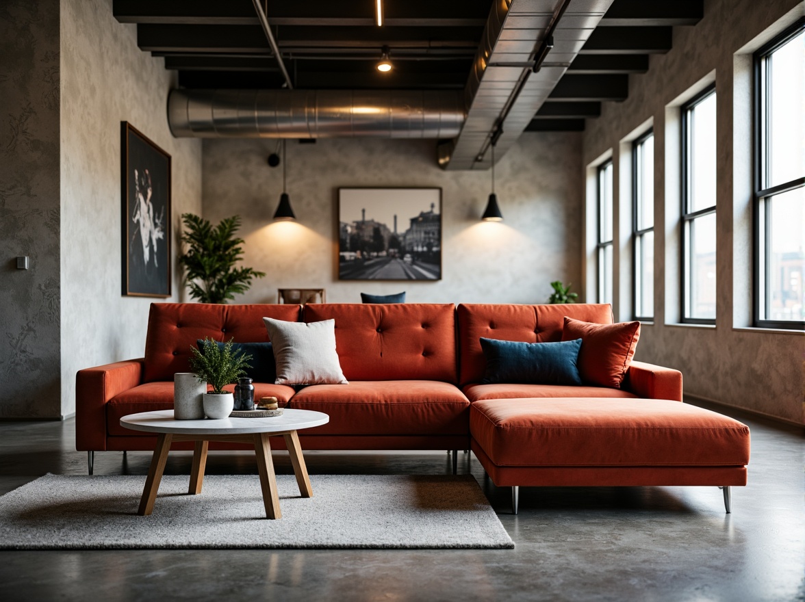 Prompt: Streamlined modern sofa, velvet upholstery, bold color blocking, geometric patterns, tufted accents, low-profile design, chrome metal legs, minimalist armrests, sleek coffee table, marble top, tapered wooden legs, industrial-chic lighting fixtures, exposed ductwork, polished concrete floors, urban loft atmosphere, natural light pouring in, shallow depth of field, 1/1 composition, soft warm lighting, realistic textures.