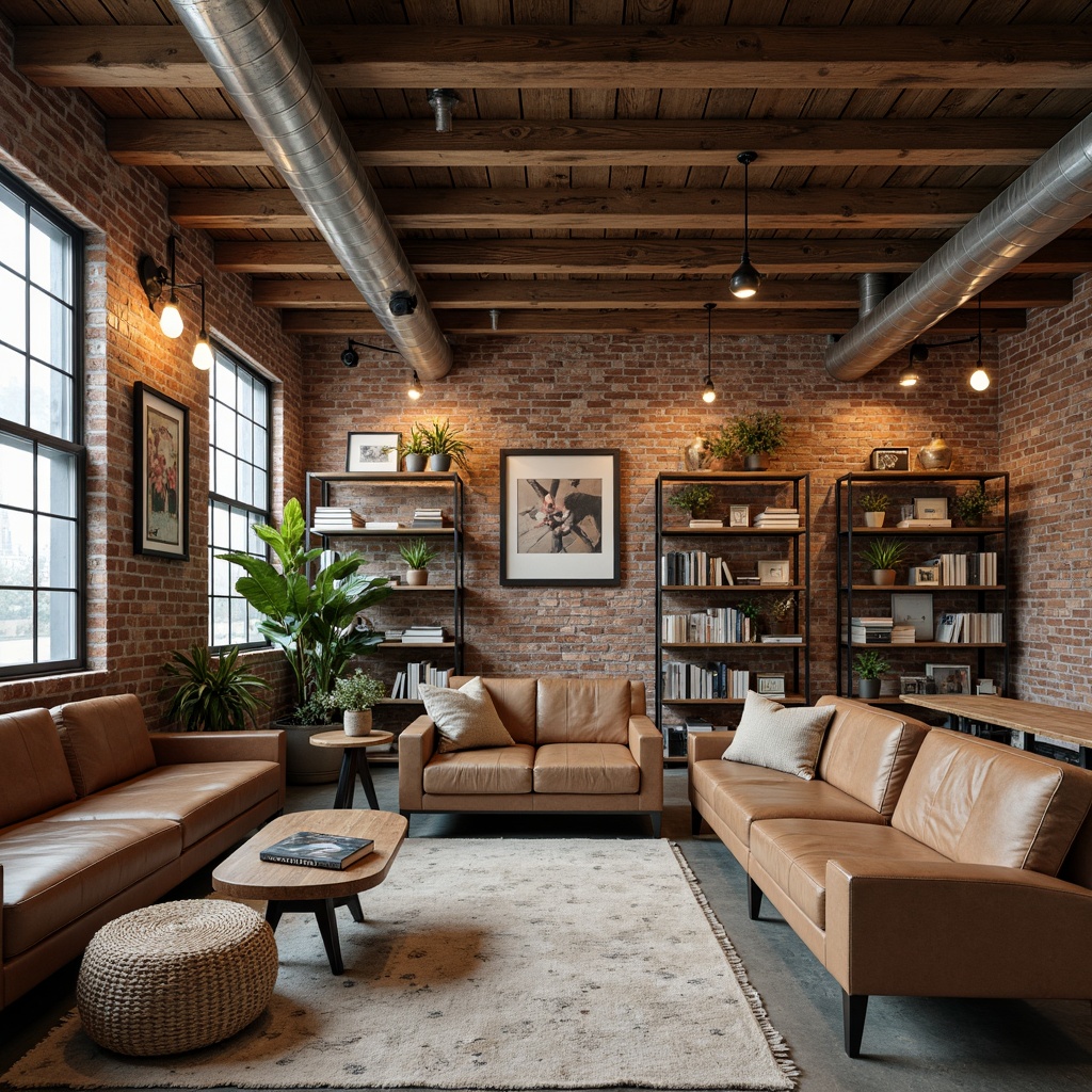 Prompt: Weathered brick walls, rustic wooden beams, distressed leather furniture, vintage metal accents, earthy tone color palette, warm beige, soft gray, rich brown, muted green, creamy white, industrial chic decor, urban loft atmosphere, exposed ductwork, concrete floors, metal grid windows, reclaimed wood shelves, cozy reading nooks, natural textiles, woven baskets, pendant lighting, warm ambient glow, shallow depth of field, 2/3 composition, atmospheric perspective, realistic material textures.