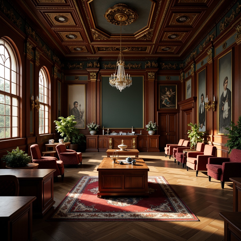 Prompt: Ornate classroom, rich wood tones, intricately carved furniture, gilded accents, velvet upholstery, luxurious fabrics, ornamental mirrors, crystal chandeliers, grandiose architecture, high ceilings, large windows, natural light, soft warm lighting, dramatic shadows, 3/4 composition, shallow depth of field, realistic textures, ambient occlusion.