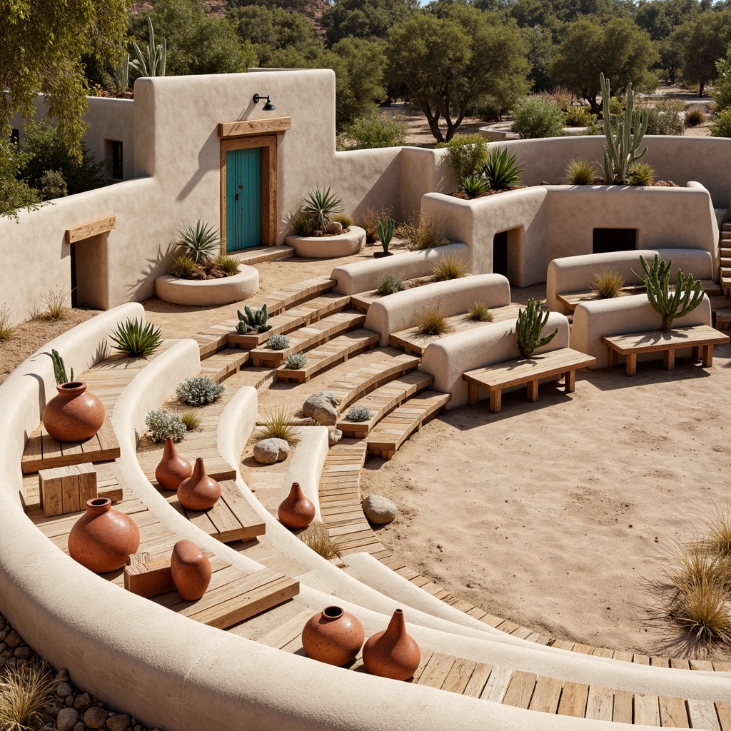 Prompt: Southwestern amphitheater, adobe stone walls, curved seating areas, wooden benches, vibrant turquoise accents, geometric patterns, terracotta pottery, rustic metal railings, desert landscaping, cactus plants, sandy grounds, warm sunny day, soft natural lighting, shallow depth of field, 1/1 composition, symmetrical view, realistic textures, ambient occlusion.