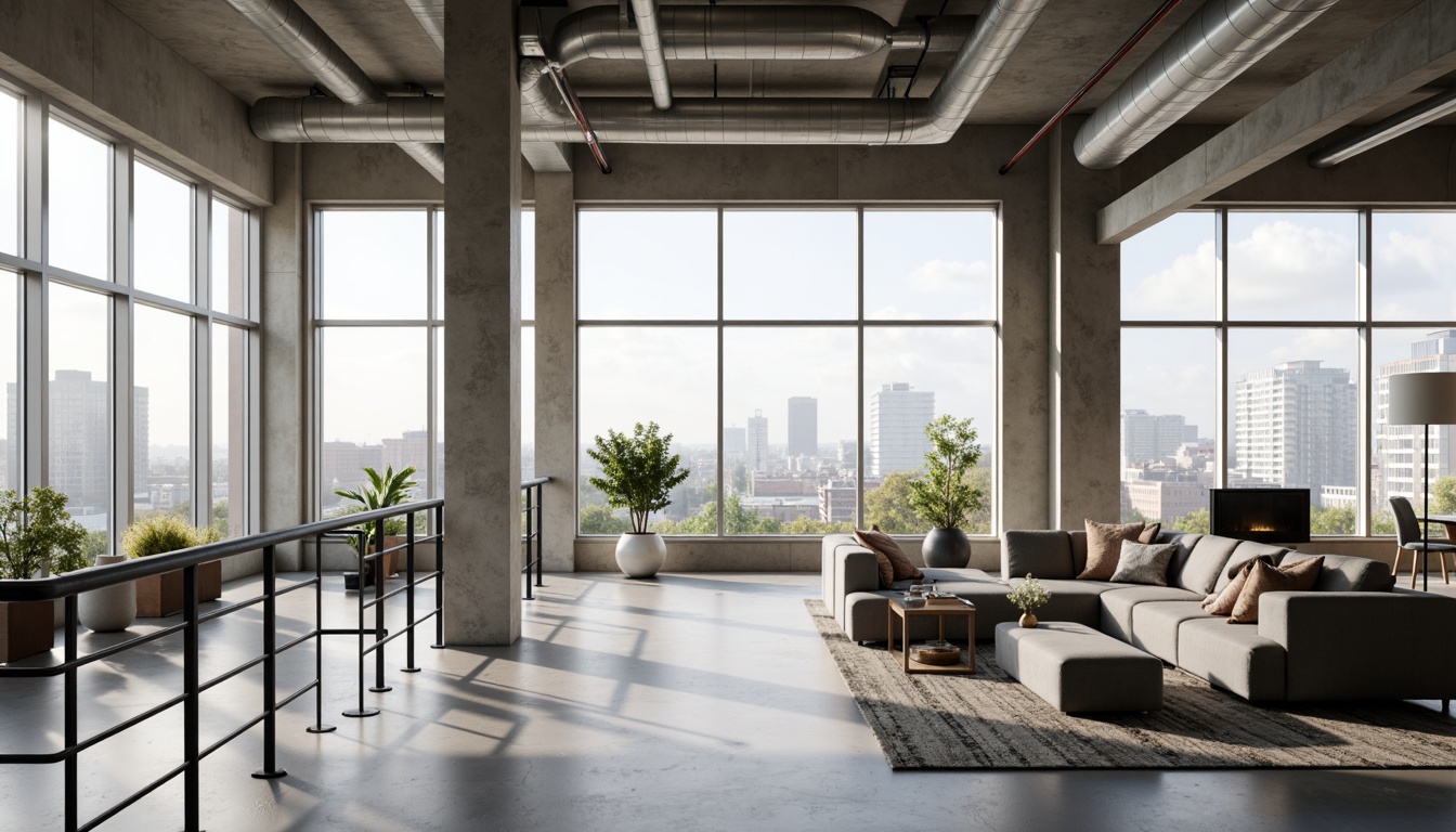 Prompt: Minimalist metal railings, sleek handrails, simple balusters, industrial aesthetic, urban loft atmosphere, open-plan living space, polished concrete floors, exposed ductwork, neutral color palette, natural light pouring in, airy feel, sparse decoration, modern furniture pieces, floor-to-ceiling windows, cityscape views, subtle shadows, soft focus, 1/1 composition, high-contrast lighting, realistic reflections.