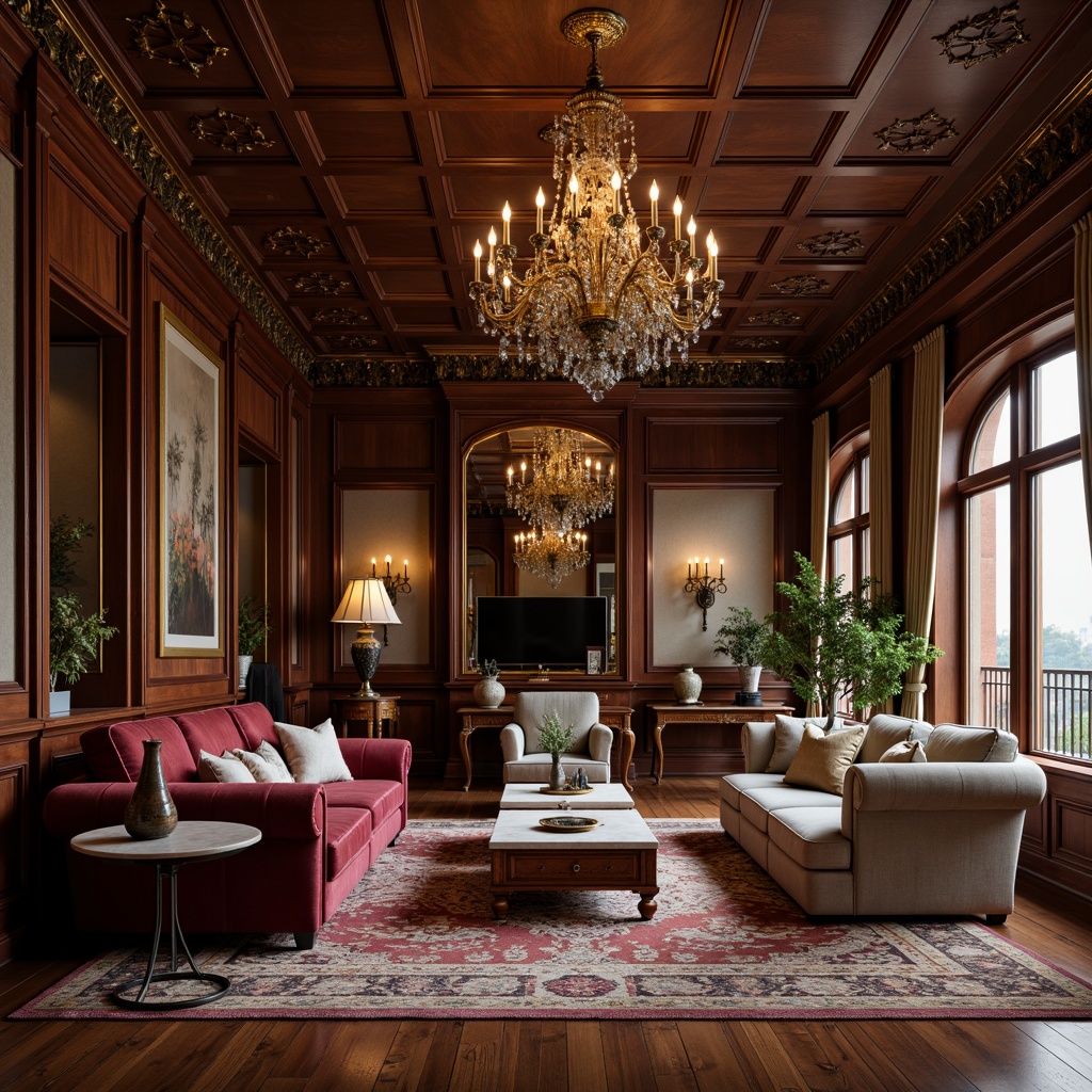 Prompt: \Mahogany wood furniture, ornate carvings, velvet upholstery, golden accents, crystal chandeliers, luxurious fabrics, tufted sofas, wingback chairs, intricately patterned rugs, marble coffee tables, elegant vases, soft warm lighting, shallow depth of field, 3/4 composition, realistic textures, ambient occlusion.\