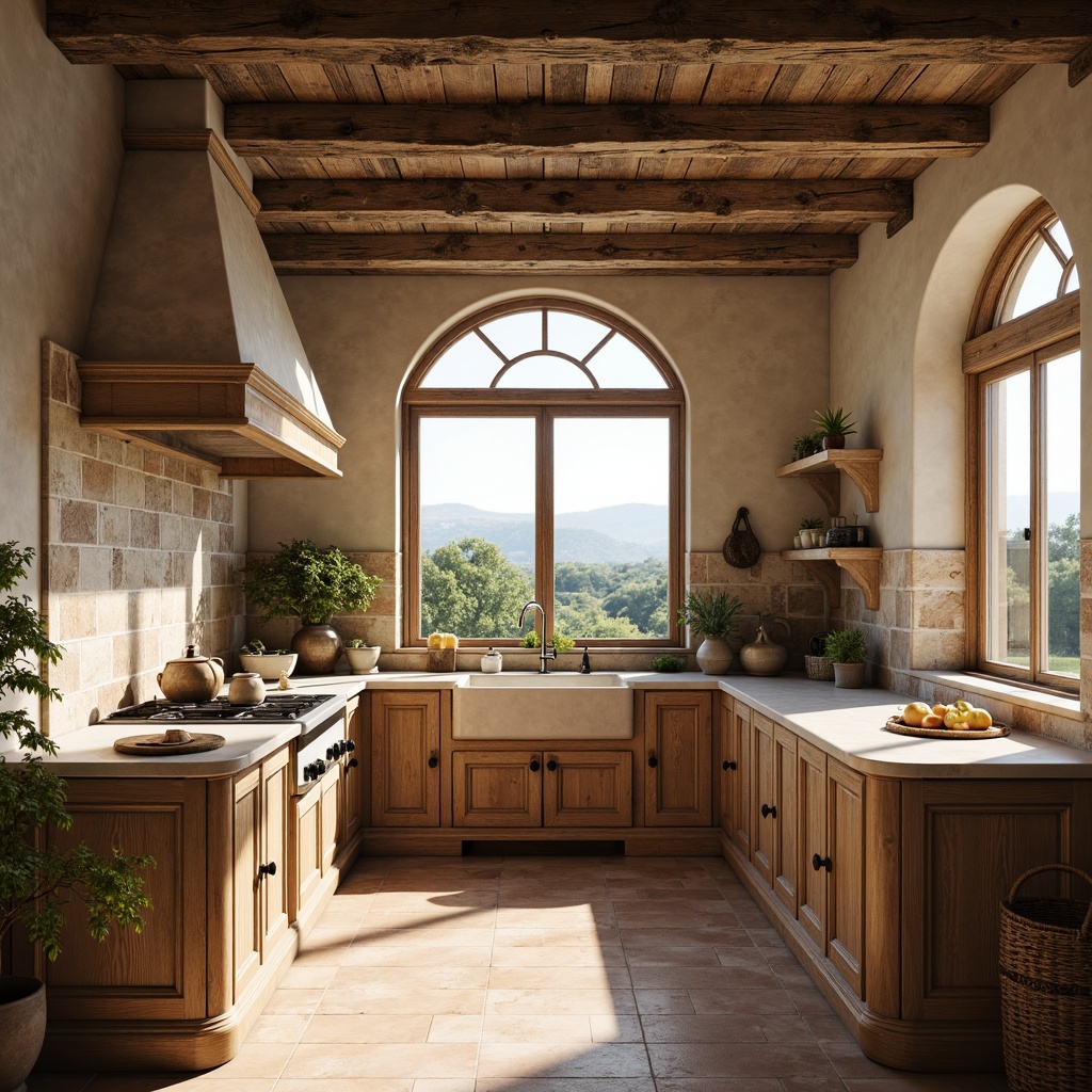 Prompt: Rustic French country kitchen, worn wooden beams, distressed stone walls, soft warm lighting, elegant curved cabinetry, rich wood tones, ornate metal hardware, creamy white marble countertops, subtle veining patterns, honed finish, ornate decorative trim, classic farmhouse sink, vintage-inspired faucets, fresh flowers, natural linen fabrics, warm beige colors, earthy terracotta flooring, traditional European-style architecture, rolling countryside views, sunny afternoon light, 1/1 composition, realistic textures, ambient occlusion.