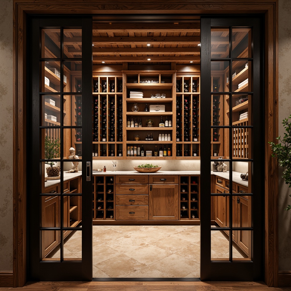 Prompt: Elegant wine cellar, rustic wooden shelves, wrought iron frames, glass-enclosed storage, climate-controlled environment, dimmable LED lighting, rich wood tones, polished metal accents, sophisticated cabinetry, bespoke storage solutions, premium materials, luxurious ambiance, warm color palette, shallow depth of field, 1/1 composition, realistic textures, ambient occlusion.