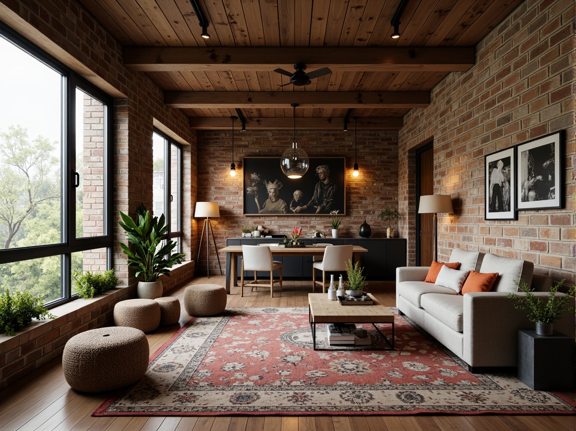 Prompt: Rustic interior walls, natural stone textures, earthy tone colors, rough-hewn wooden accents, industrial chic decor, urban loft atmosphere, exposed brick surfaces, distressed finishes, matte black metal frames, warm ambient lighting, cozy reading nooks, plush area rugs, vibrant greenery, eclectic art pieces, modern minimalist furniture, 1/2 composition, soft focus blur, realistic shadows, detailed normal maps.