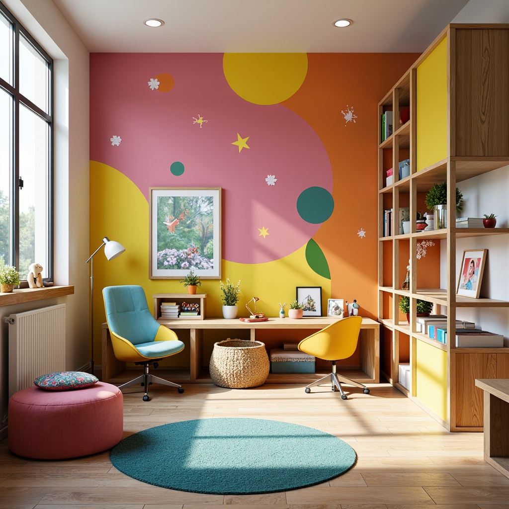 Prompt: Vibrant kids' bedroom, modern furniture design, bold color scheme, playful textures, whimsical patterns, ergonomic chairs, adjustable desks, floating shelves, modular storage units, soft area rugs, floor lamps, natural wood accents, minimalist decor, fun wall decals, interactive art pieces, cozy reading nooks, flexible seating arrangements, abundant natural light, airy atmosphere, shallow depth of field, 1/1 composition, warm softbox lighting.