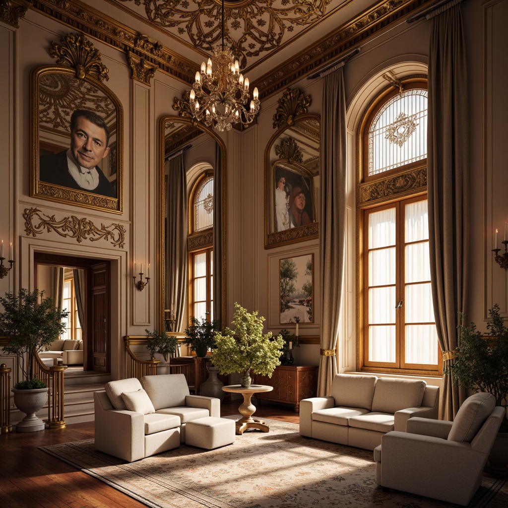 Prompt: Opulent palace, lavish furnishings, intricately carved wooden panels, gilded mirrors, ornate chandeliers, velvet drapes, luxurious fabrics, delicate lace trim, pastel color palette, soft warm lighting, shallow depth of field, 1/1 composition, intimate atmosphere, richly textured surfaces, subtle ambient occlusion, grandiose staircases, sweeping archways, elegant proportions, refined architectural elements, exquisite decorative motifs.