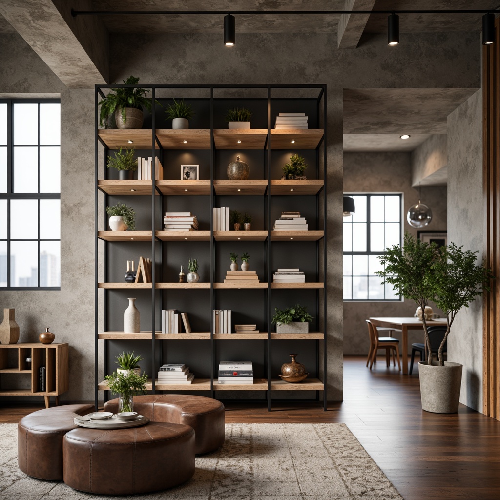 Prompt: Modern minimalist shelving units, sleek metal frames, reclaimed wood accents, industrial chic decor, urban loft apartment, open concept living area, floor-to-ceiling storage, geometric patterned wallpaper, soft warm lighting, 1/1 composition, shallow depth of field, realistic textures, ambient occlusion.