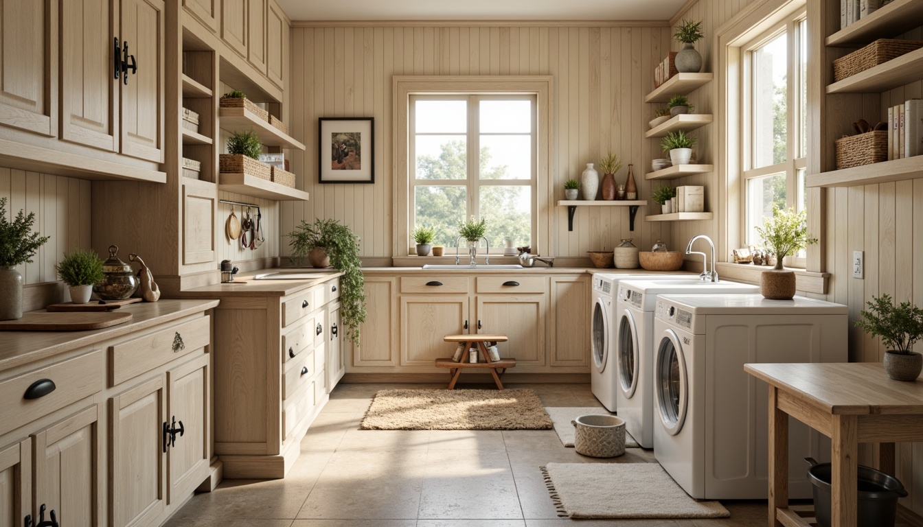 Prompt: Cozy laundry room, wooden cabinetry, soft cream colors, distressed finishes, vintage hardware, traditional decor, warm lighting, natural stone floors, woven baskets, fresh flowers, ironing board station, built-in shelves, folding tables, decorative trim, classic faucets, porcelain sinks, linen closets, storage cabinets, rustic wood accents, earthy tones, 1/1 composition, softbox lighting, realistic textures.