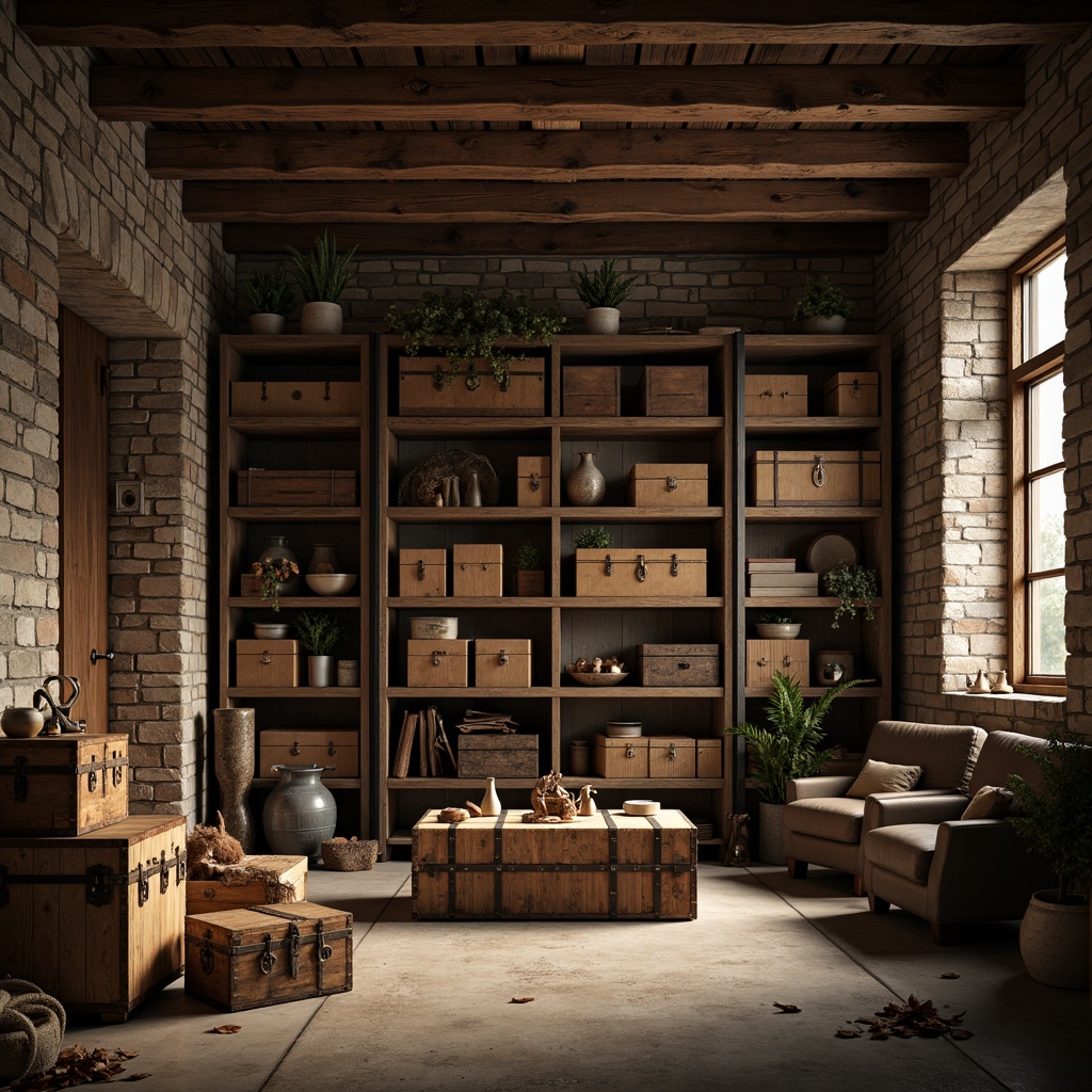 Prompt: Rustic storage room, worn wooden crates, vintage metal trunks, distressed brick walls, rough concrete floors, soft warm lighting, high contrast textures, earthy color palette, natural stone accents, industrial metal shelving, reclaimed wood furniture, aged leather straps, ornate bronze hardware, shallow depth of field, 1/1 composition, realistic renderings, ambient occlusion.