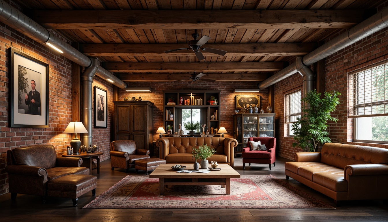 Prompt: Rustic wooden beams, exposed brick walls, industrial metal pipes, distressed leather sofas, reclaimed wood coffee tables, vintage metal lamps, rich velvet armchairs, ornate wooden cabinets, antique decorative items, soft warm lighting, shallow depth of field, 3/4 composition, panoramic view, realistic textures, ambient occlusion.