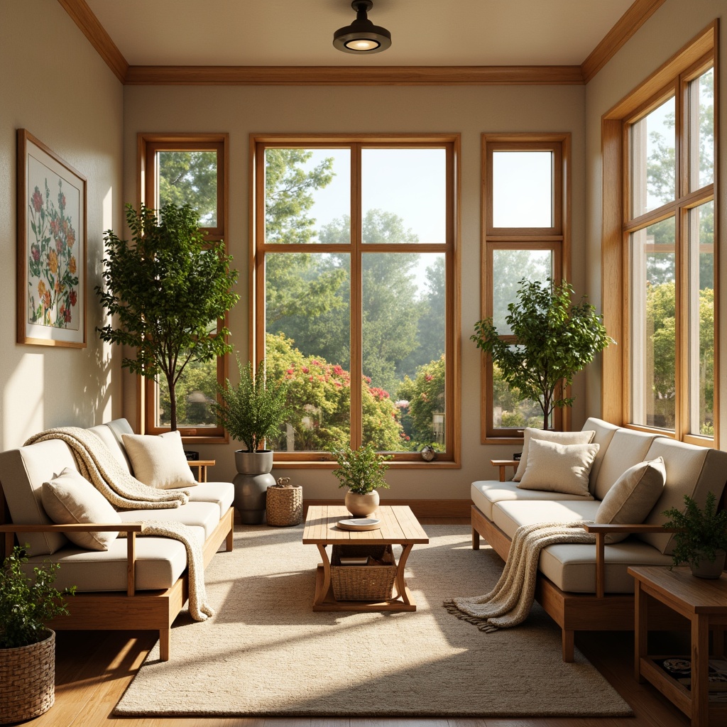 Prompt: Warm sunroom, soft natural light, calming atmosphere, earthy tones, beige walls, creamy furniture, warm wood accents, plush throw blankets, vibrant greenery, potted plants, wicker baskets, comfortable seating, natural textiles, soothing color scheme, pastel hues, gentle warmth, cozy nooks, relaxation ambiance, serene escape, bright windows, sliding glass doors, outdoor views, blooming flowers, lush foliage, sunny day, soft warm lighting, shallow depth of field, 3/4 composition.