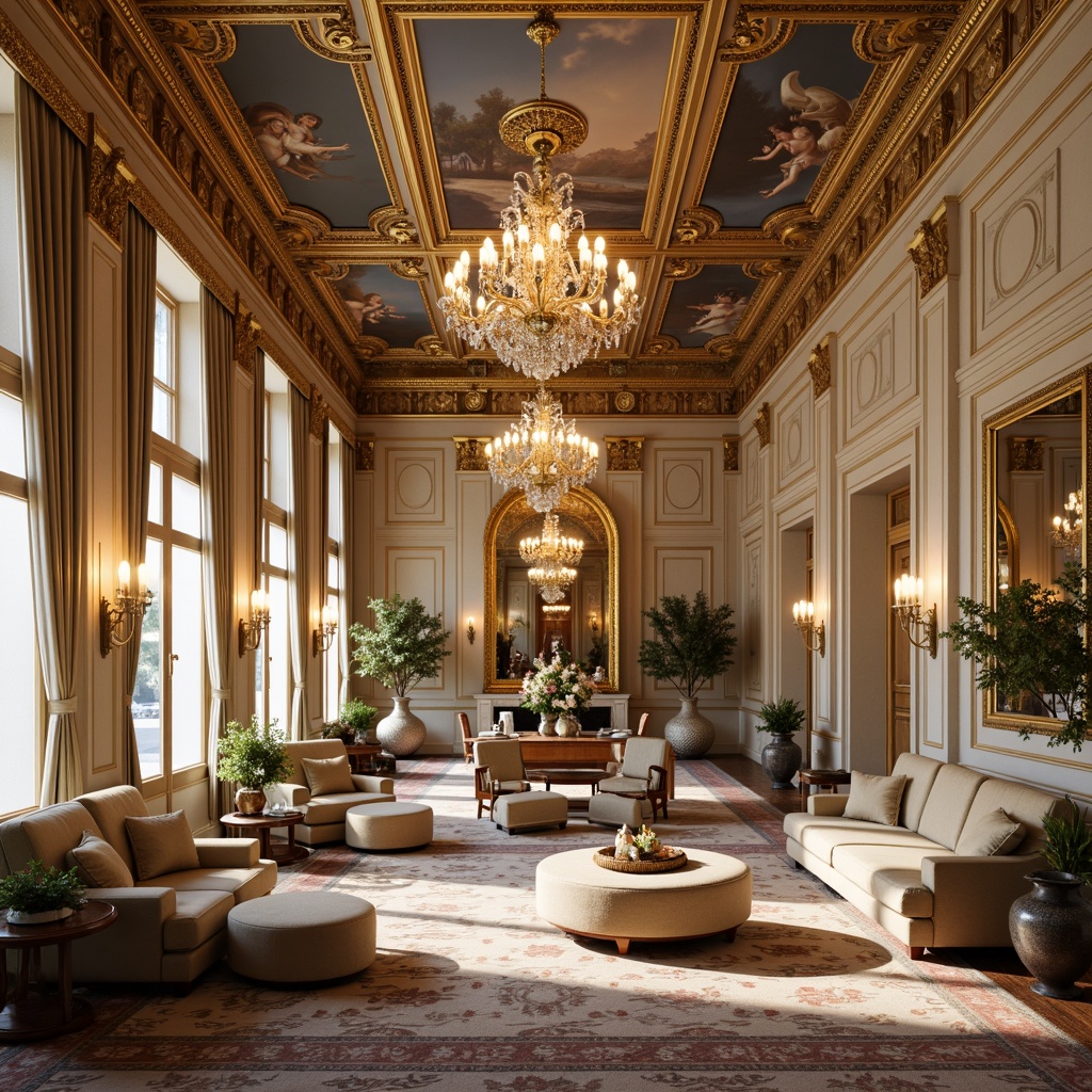 Prompt: Palatial ballroom, opulent chandeliers, intricately carved wooden panels, gilded molding, lavish furnishings, ornate mirrors, delicate porcelain vases, soft pastel hues, velvet drapes, richly patterned rugs, curved lines, whimsical shell motifs, dramatic ceiling frescoes, sparkling crystal droplets, warm golden lighting, shallow depth of field, 1/2 composition, romantic atmosphere, realistic textures, ambient occlusion.