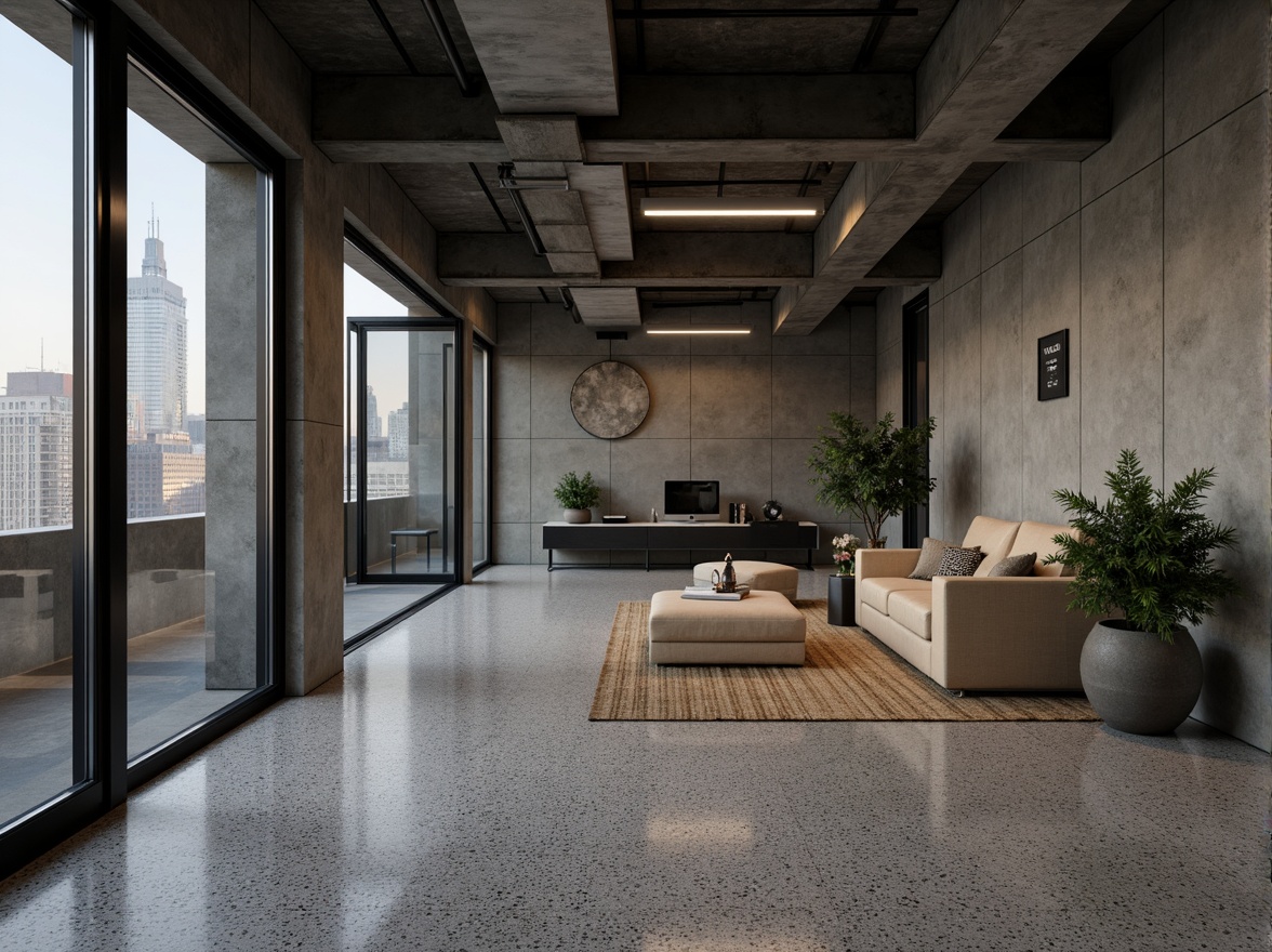 Prompt: Industrial brutalist interior, Terrazzo flooring, raw concrete walls, exposed ductwork, steel beams, minimalist decor, functional lighting, urban loft atmosphere, cold tone color palette, matte finishes, rough textures, natural stone accents, geometric patterns, 3D visual effects, dramatic shadows, high contrast ratio, cinematic composition, atmospheric mood lighting.