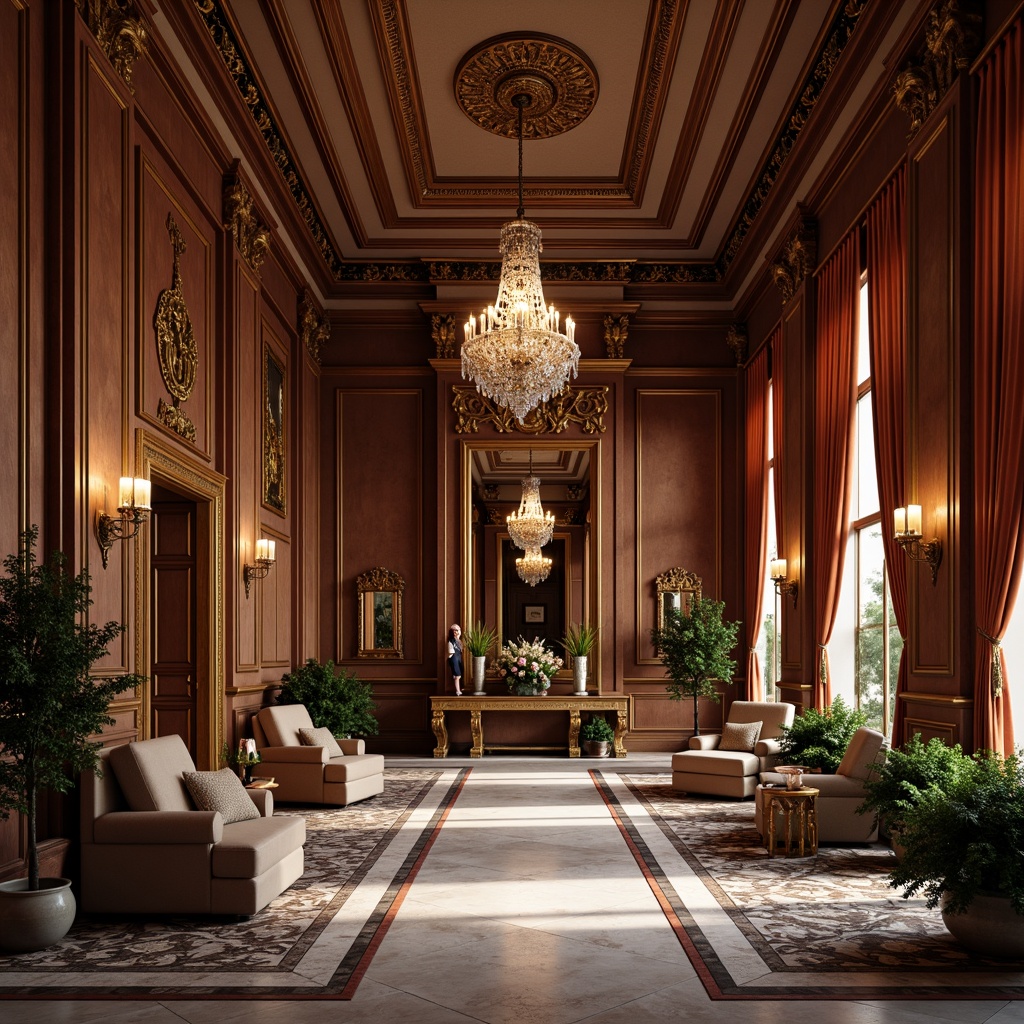 Prompt: Elegant interior space, rich wood paneling, ornate moldings, crystal chandeliers, luxurious fabrics, velvet drapes, marble flooring, intricate patterns, gilded frames, classical proportions, symmetrical layout, high ceilings, ornate mirrors, subtle warm lighting, soft shadows, 1/1 composition, realistic textures, ambient occlusion.