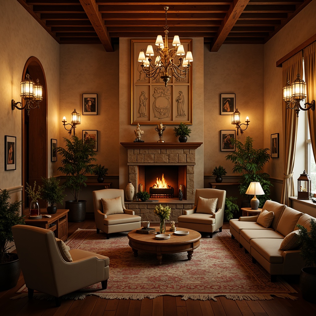 Prompt: Warm hospitality ambiance, soft warm lighting, traditional lanterns, ornate chandeliers, wooden accents, rich textiles, plush furnishings, elegant drapery, golden hardware, classic architectural details, rustic stone walls, vintage decorative items, cozy fireplaces, intimate seating areas, ambient shadows, subtle color palette, creamy whites, earthy tones, warm beige, soft pastels, 1/1 composition, shallow depth of field, realistic textures, atmospheric lighting.