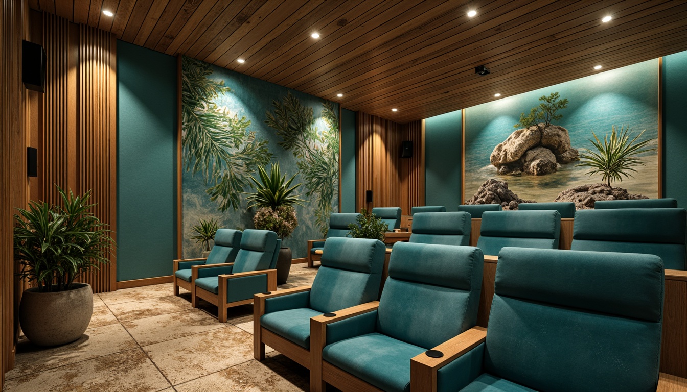 Prompt: Coastal cinema interior, calming oceanic hues, soothing blue-green tones, driftwood accents, natural textures, woven sea grass-inspired patterns, coral reef-inspired murals, nautical rope details, distressed wood finishes, warm golden lighting, cinematic ambiance, plush velvet seats, modern minimalist design, subtle wave motifs, serene atmosphere, soft focus blur, 3/4 composition, realistic renderings.