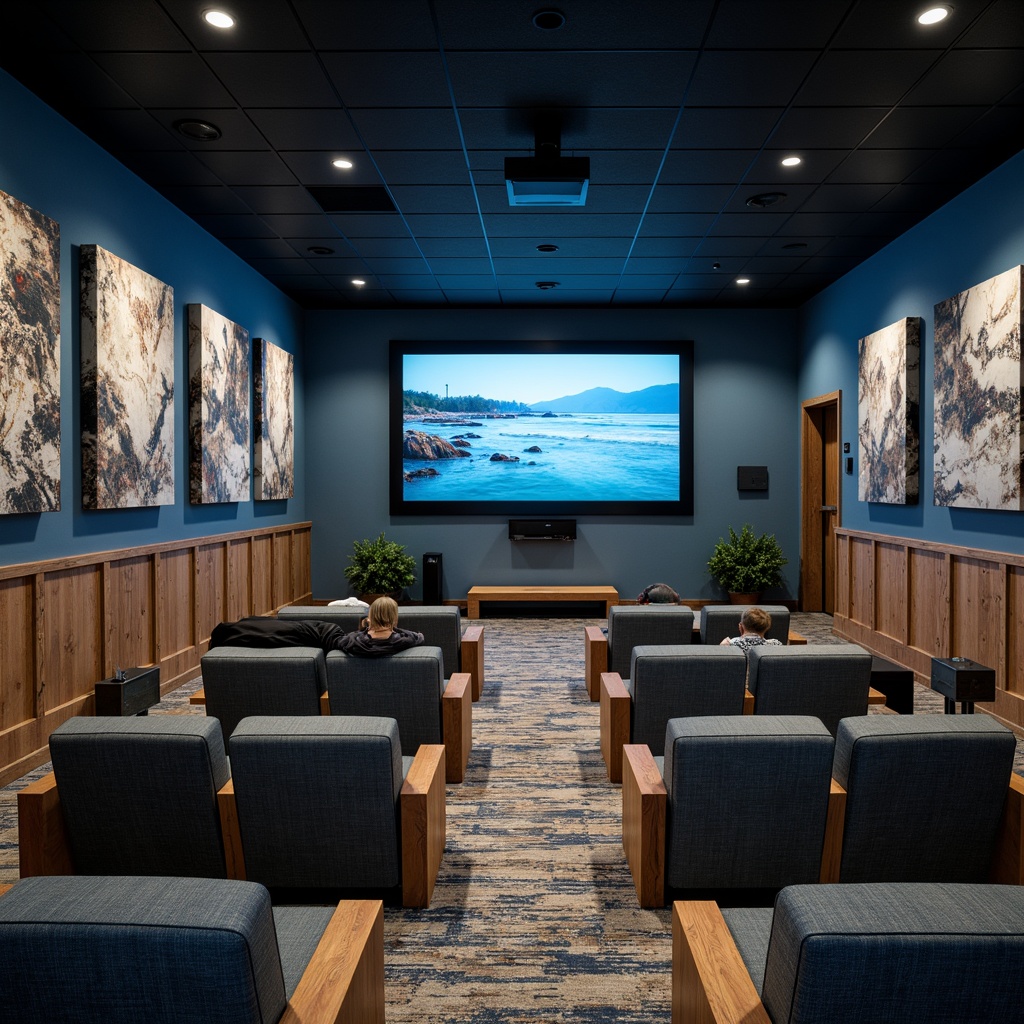 Prompt: Coastal cinema, ocean-inspired interior, sound-absorbing acoustic panels, calming blue tones, wave-patterned textiles, driftwood accents, rustic metal frames, soft ambient lighting, comfortable plush seating, state-of-the-art sound systems, cinematic screens, surround sound speakers, gentle sea breeze soundscape, 1/2 composition, shallow depth of field, warm natural light, realistic wood grain textures.