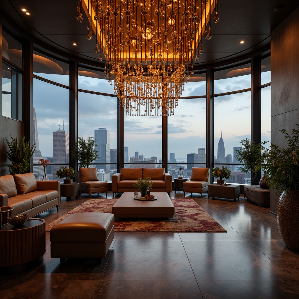 Prompt: Luxurious penthouse interior, modern lighting fixtures, sleek metal chandeliers, crystal pendant lights, warm ambient glow, cozy atmosphere, floor-to-ceiling windows, cityscape views, marble floors, lavish furniture, plush carpets, soft warm lighting, shallow depth of field, 1/2 composition, realistic textures, ambient occlusion.