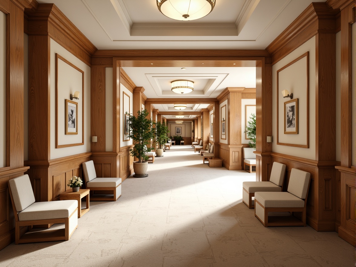 Prompt: Elegant hospital corridor, rich wood paneling, soft cream-colored walls, ornate moldings, decorative ceiling details, traditional style furniture, plush carpeting, warm beige tones, subtle texture variations, natural stone accents, soothing ambient lighting, 1/1 composition, realistic material textures, subtle shadows, ornate picture frames, calming artwork, serene atmosphere.