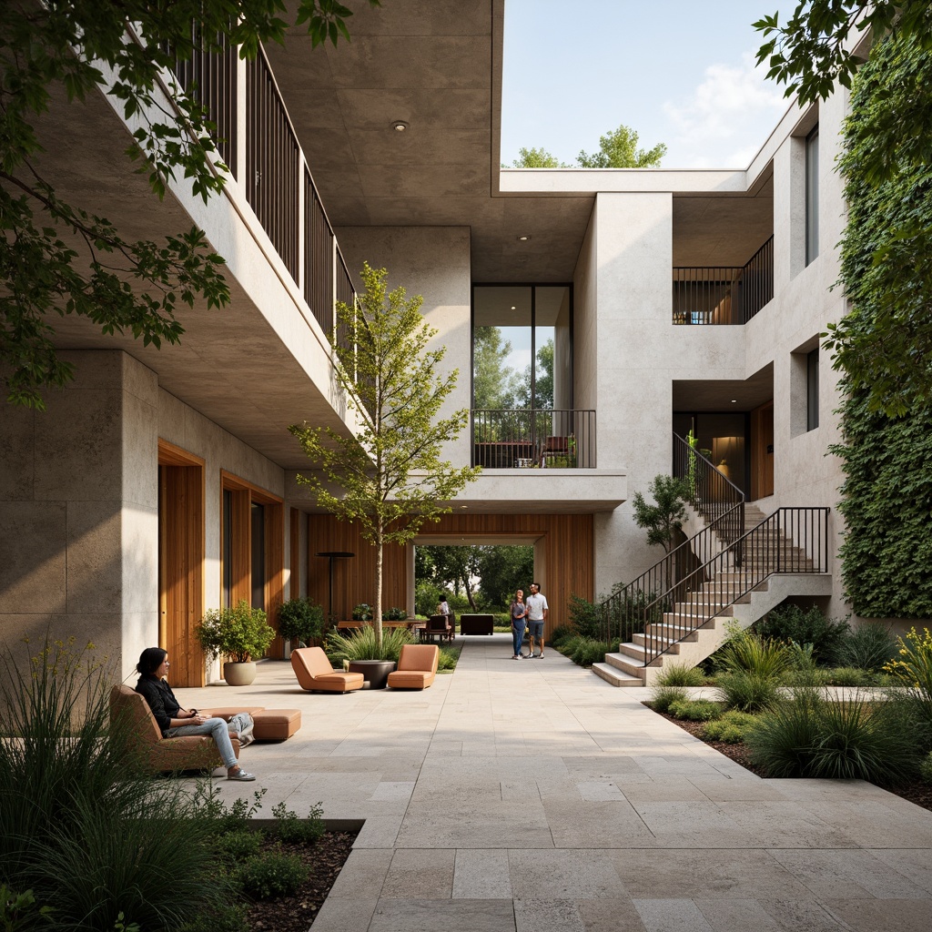 Prompt: Earthy community center, minimalist architecture, exposed concrete walls, rough-hewn wooden accents, natural stone floors, sleek metal railings, abundant greenery, living walls, vertical gardens, warm soft lighting, shallow depth of field, 1/1 composition, realistic textures, ambient occlusion, organic shapes, neutral color palette, subtle material transitions.