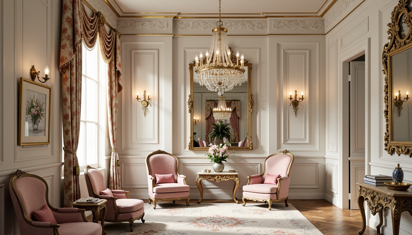 Prompt: Luxurious Rococo interiors, soft pastel hues, ornate gold accents, delicate floral patterns, intricately carved furniture, velvet upholstery, rich jewel tones, lavish drapery, opulent chandeliers, creamy whites, pale pinks, gentle blues, warm beige, subtle sheen, elegant curves, intricate moldings, ornate mirrors, soft candlelight, intimate ambiance, 3/4 composition, shallow depth of field, realistic textures, ambient occlusion.