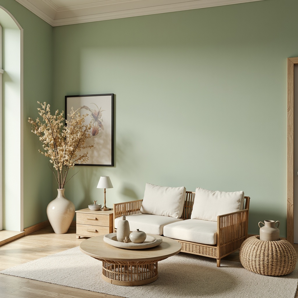 Prompt: Celadon-inspired interior design, soft pale green walls, creamy white accents, subtle beige tones, natural textiles, woven baskets, rattan furniture, delicate ceramics, vintage Chinese pottery, elegant minimalist decor, warm ambient lighting, shallow depth of field, 1/1 composition, realistic textures, atmospheric rendering.